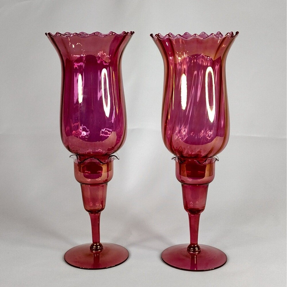 Vtg Cranberry Glass Hurricane Chimney Handblown Candle Holders with Bases